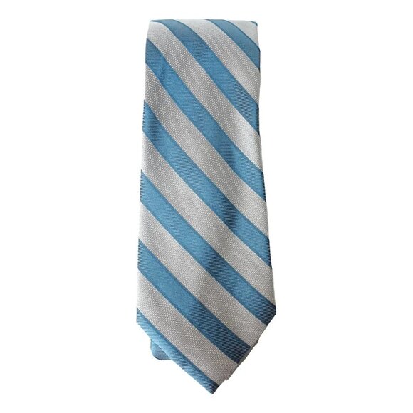 CALVIN KLEIN Blue Silver Gray Sunrise Awning Stripe Silk Slim Tie - Picture 1 of 3